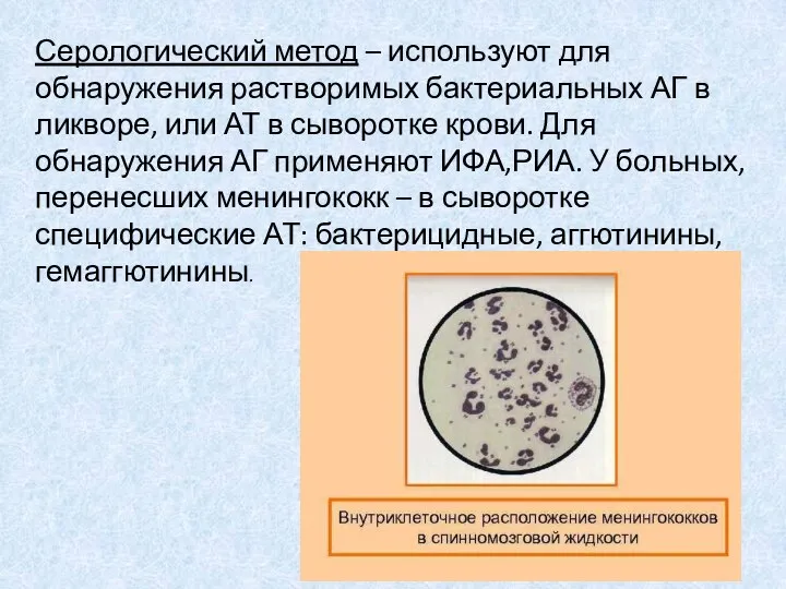 Серологический метод – используют для обнаружения растворимых бактериальных АГ в ликворе, или