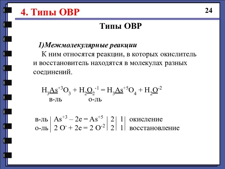 4. Типы ОВР 24 Типы ОВР Межмолекулярные реакции К ним относятся реакции,