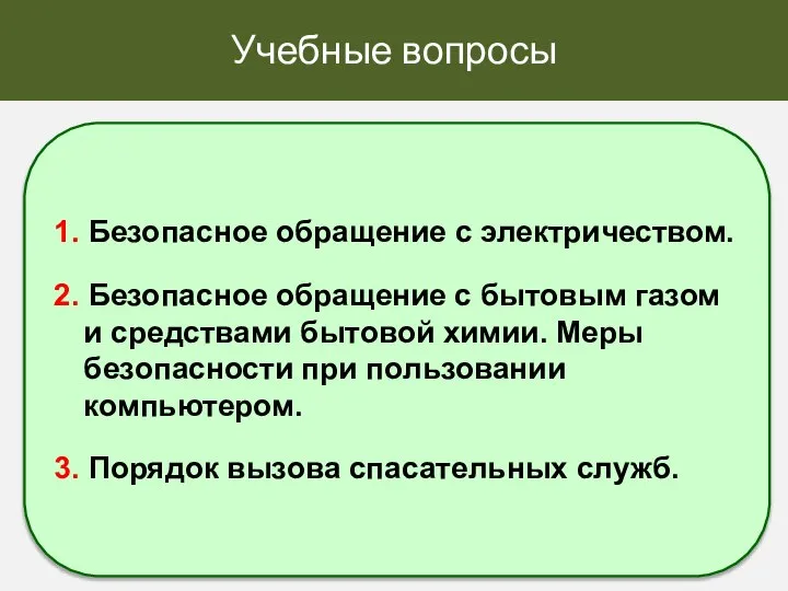 Учебные вопросы 1. Безопасное обращение с электричеством. 2. Безопасное обращение с бытовым