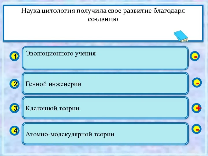 Эволюционного учения 1 2 3 4 Генной инженерии Клеточной теории Атомно-молекулярной теории