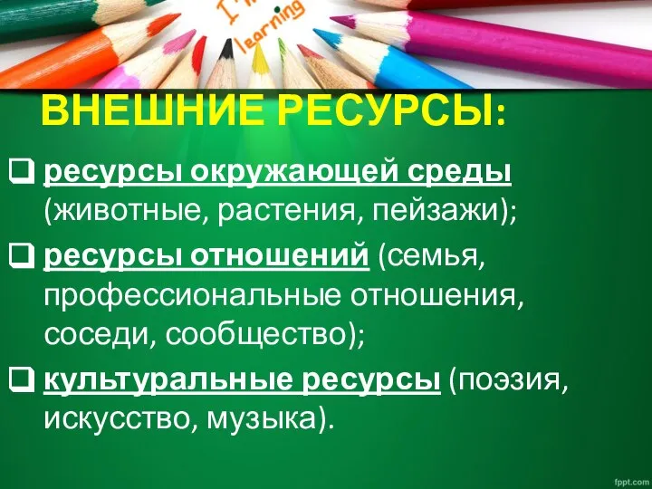 ВНЕШНИЕ РЕСУРСЫ: ресурсы окружающей среды (животные, растения, пейзажи); ресурсы отношений (семья, профессиональные