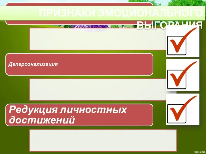 Эмоциональное истощение Деперсонализация Редукция личностных достижений ПРИЗНАКИ ЭМОЦИОНАЛЬНОГО ВЫГОРАНИЯ