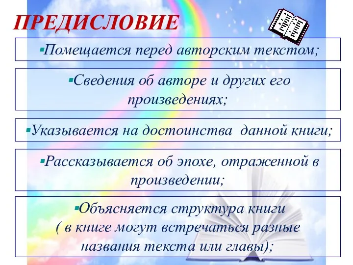 ПРЕДИСЛОВИЕ Помещается перед авторским текстом; Сведения об авторе и других его произведениях;