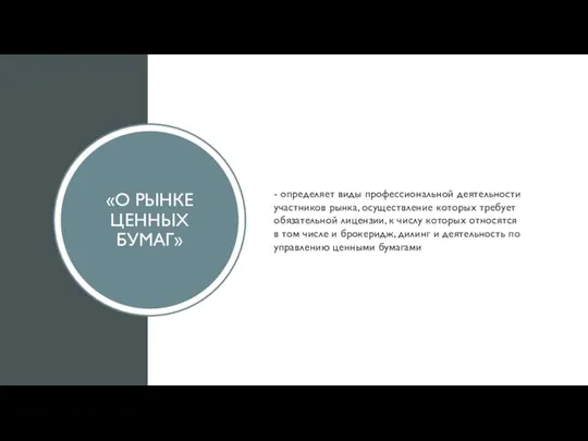 «О РЫНКЕ ЦЕННЫХ БУМАГ» - определяет виды профессиональной деятельности участников рынка, осуществление