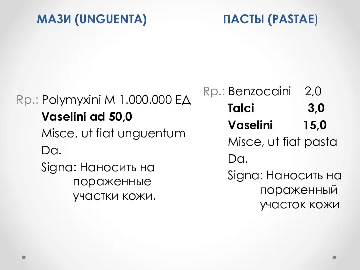 МАЗИ (UNGUENTA) ПАСТЫ (PASTAE) Rp.: Polymyxini M 1.000.000 ЕД Vaselini ad 50,0