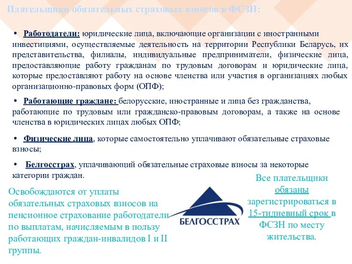 Плательщики обязательных страховых взносов в ФСЗН: Работодатели: юридические лица, включающие организации с