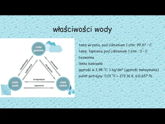 właściwości wody temp wrzenia, pod ciśnieniem 1 atm: 99,97 ᵒ C temp.