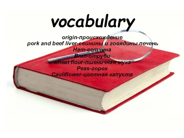 vocabulary origin-происхождение pork and beef liver-свинины и говядины печень Ham-ветчина Bran-отруби wheat