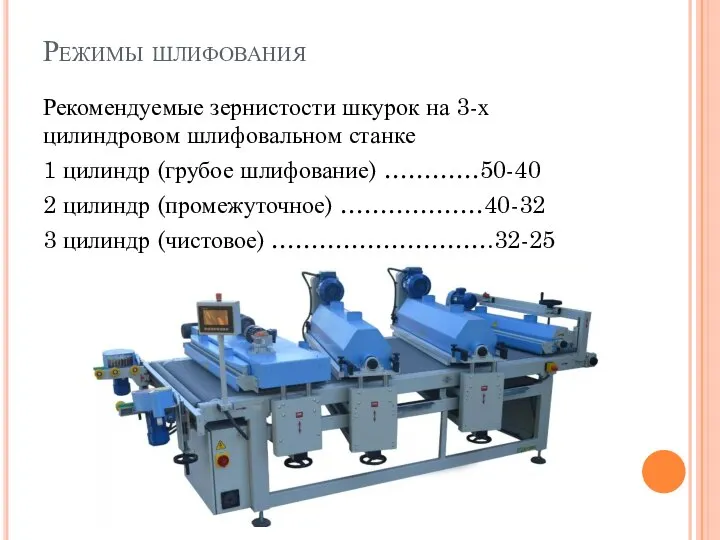 Режимы шлифования Рекомендуемые зернистости шкурок на 3-х цилиндровом шлифовальном станке 1 цилиндр