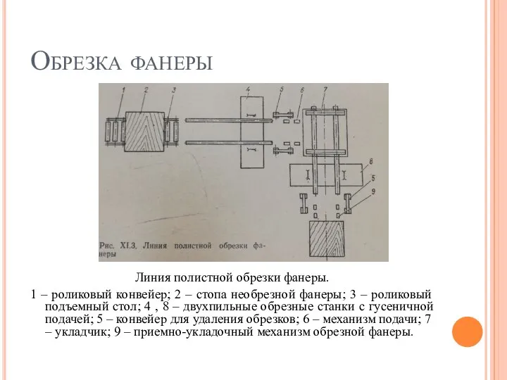 Обрезка фанеры Линия полистной обрезки фанеры. 1 – роликовый конвейер; 2 –