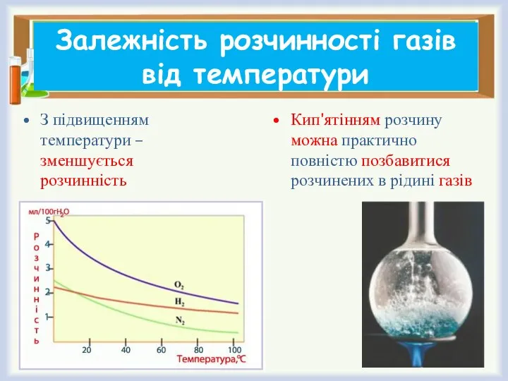 Залежність розчинності газів від температури З підвищенням температури – зменшується розчинність Кип'ятінням