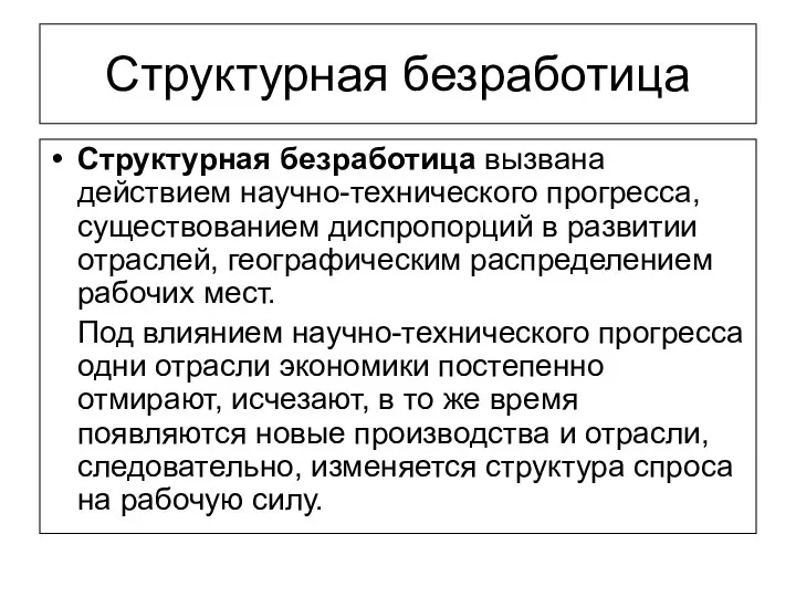 Структурная безработица Структурная безработица вызвана действием научно-технического прогресса, существованием диспропорций в развитии