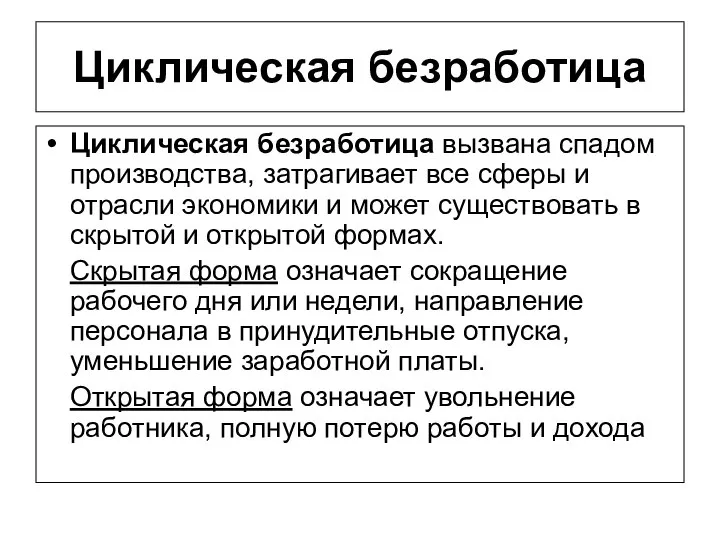 Циклическая безработица Циклическая безработица вызвана спадом производства, затрагивает все сферы и отрасли