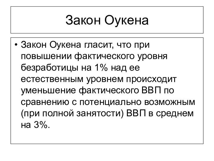 Закон Оукена Закон Оукена гласит, что при повышении фактического уровня безработицы на