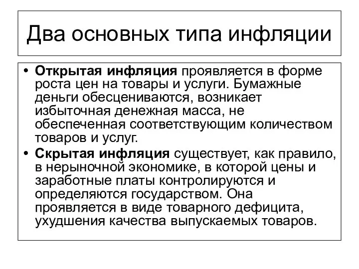 Два основных типа инфляции Открытая инфляция проявляется в форме роста цен на