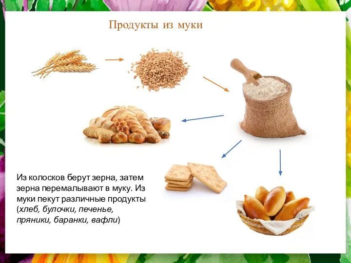 Продукты из муки Из колосков берут зерна, затем зерна перемалывают в муку.