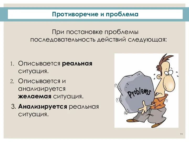 При постановке проблемы последовательность действий следующая: Противоречие и проблема Описывается реальная ситуация.