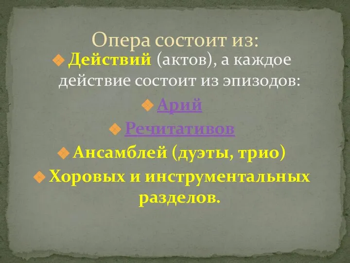 Действий (актов), а каждое действие состоит из эпизодов: Арий Речитативов Ансамблей (дуэты,