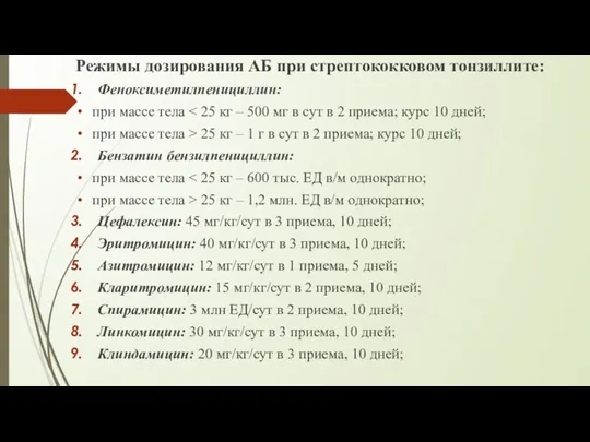 Режимы дозирования АБ при стрептококковом тонзиллите: Феноксиметилпенициллин: при массе тела при массе