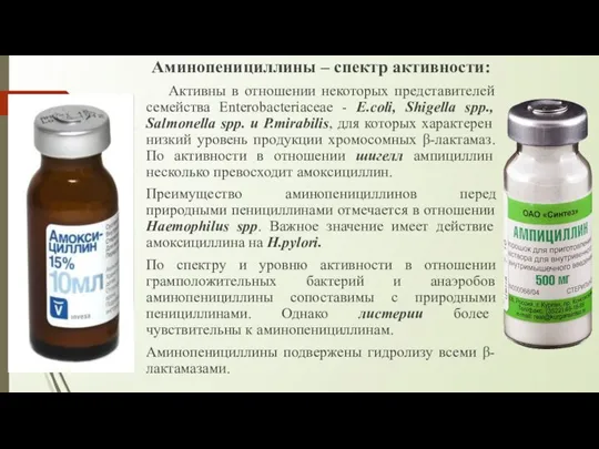 Аминопенициллины – спектр активности: Активны в отношении некоторых представителей семейства Enterobacteriaceae -