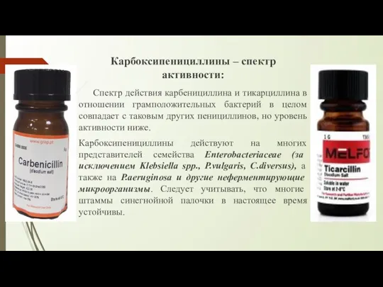 Карбоксипенициллины – спектр активности: Спектр действия карбенициллина и тикарциллина в отношении грамположительных