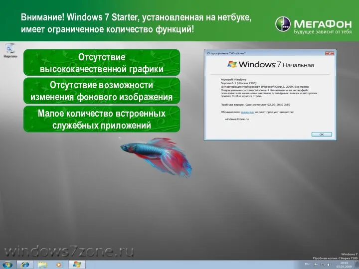Внимание! Windows 7 Starter, установленная на нетбуке, имеет ограниченное количество функций! Отсутствие