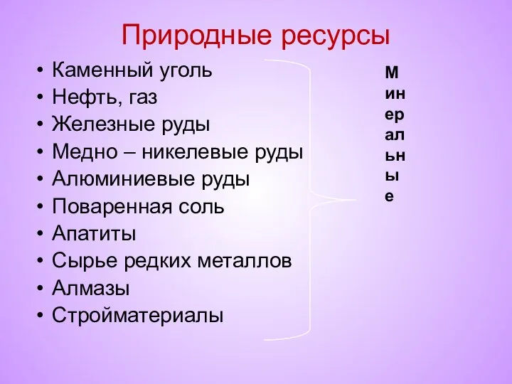 Природные ресурсы Каменный уголь Нефть, газ Железные руды Медно – никелевые руды