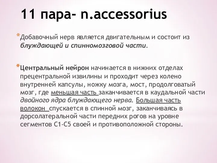 11 пара- n.accessorius Добавочный нерв является двигательным и состоит из блуждающей и