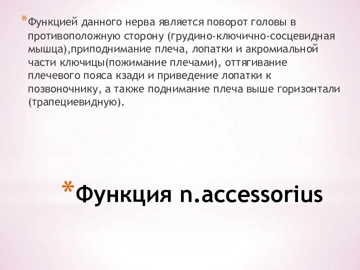 Функция n.accessorius Функцией данного нерва является поворот головы в противоположную сторону (грудино-ключично-сосцевидная