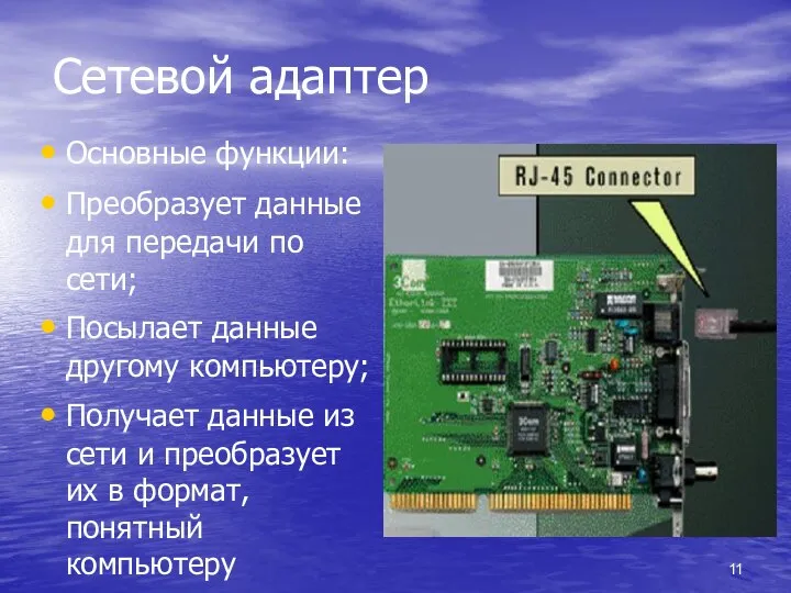 Сетевой адаптер Основные функции: Преобразует данные для передачи по сети; Посылает данные