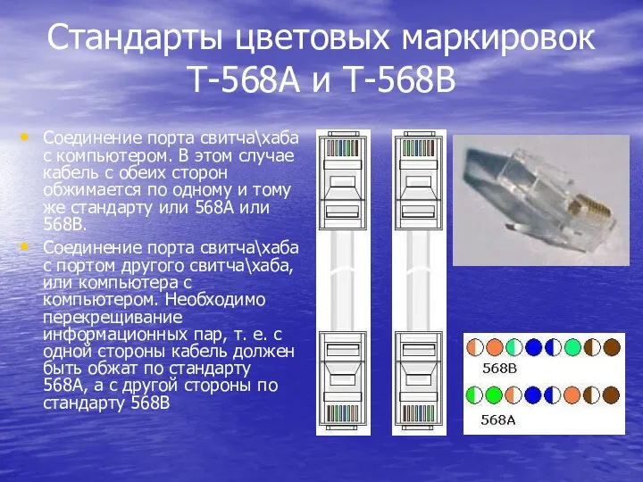 Стандарты цветовых маркировок Т-568А и Т-568B Соединение порта свитча\хаба с компьютером. В