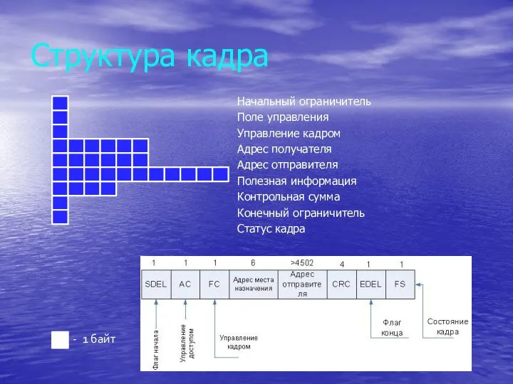 Структура кадра Начальный ограничитель Поле управления Управление кадром Адрес получателя Адрес отправителя