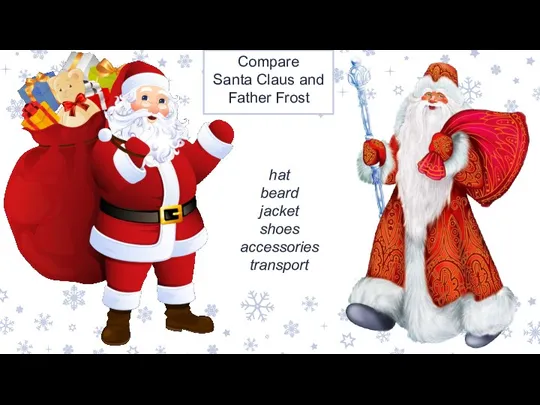 Compare Santa Claus and Father Frost hat beard jacket shoes accessories transport