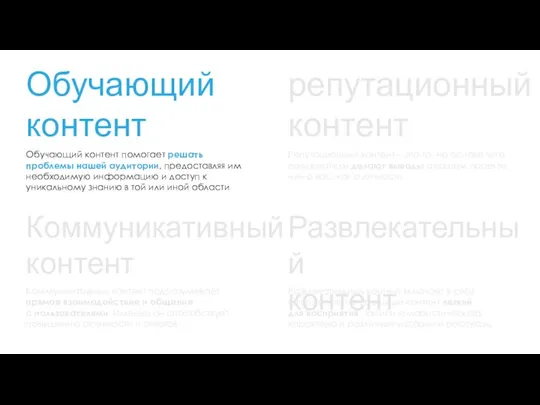 Обучающий контент репутационный контент Обучающий контент помогает решать проблемы нашей аудитории, предоставляя