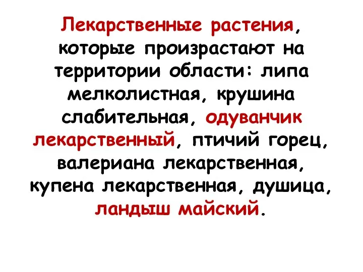 Лекарственные растения, которые произрастают на территории области: липа мелколистная, крушина слабительная, одуванчик