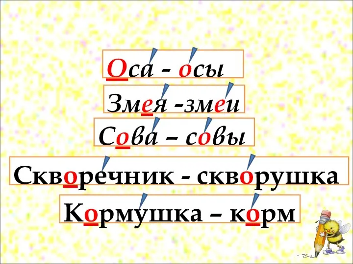 Оса - осы Змея -змеи Сова – совы Скворечник - скворушка Кормушка – корм