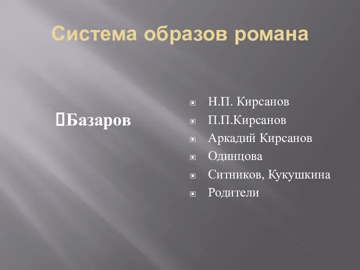 Система образов романа Базаров Н.П. Кирсанов П.П.Кирсанов Аркадий Кирсанов Одинцова Ситников, Кукушкина Родители