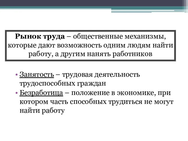 Занятость – трудовая деятельность трудоспособных граждан Безработица – положение в экономике, при