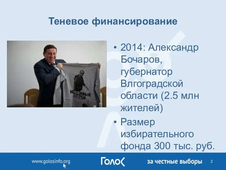 Теневое финансирование 2014: Александр Бочаров, губернатор Влгоградской области (2.5 млн жителей) Размер