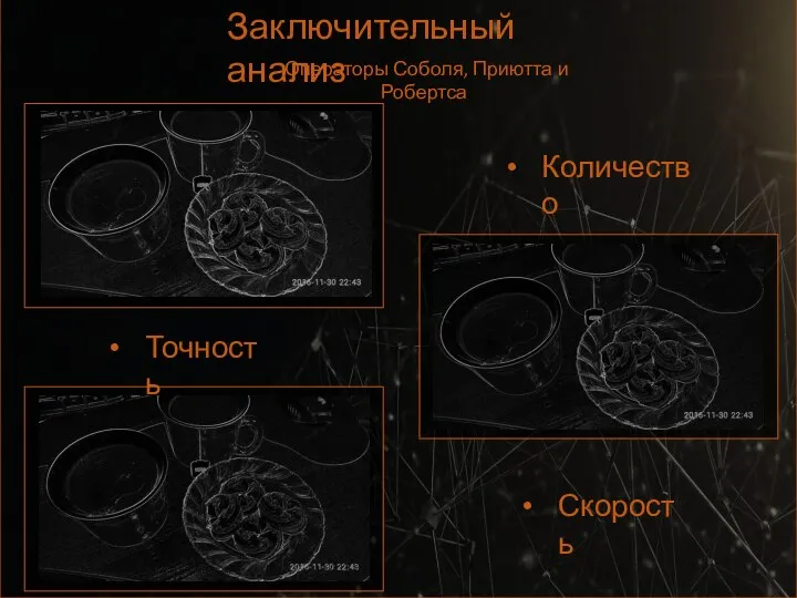 Точность Заключительный анализ Операторы Соболя, Приютта и Робертса Количество Скорость