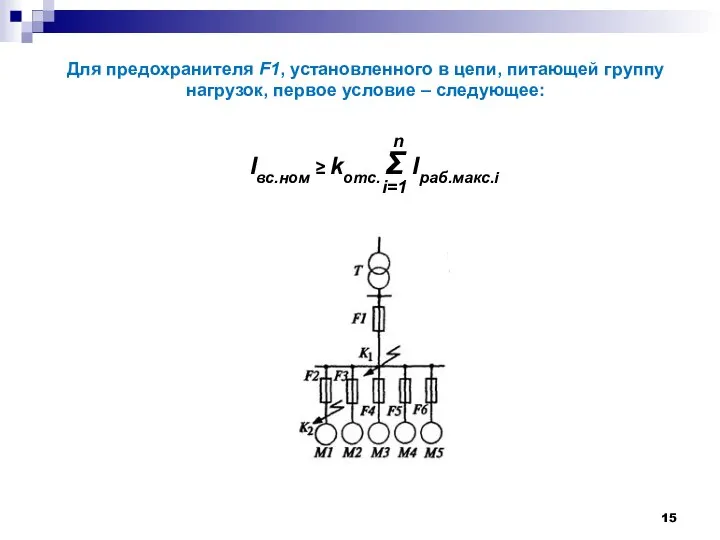 Для предохранителя F1, установленного в цепи, питающей группу нагрузок, первое условие –