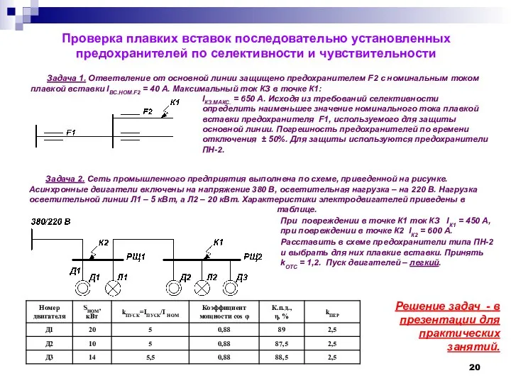 Проверка плавких вставок последовательно установленных предохранителей по селективности и чувствительности Задача 1.