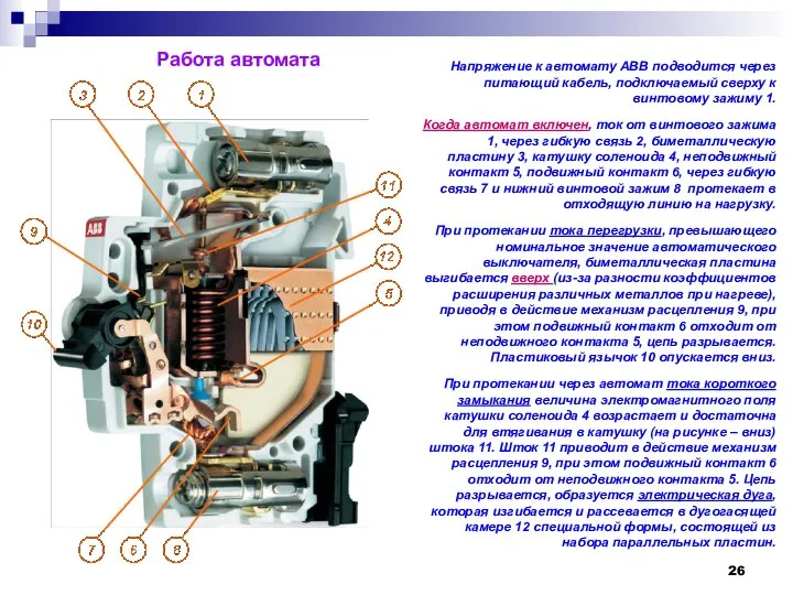 Напряжение к автомату ABB подводится через питающий кабель, подключаемый сверху к винтовому