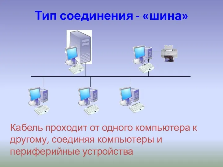 Тип соединения - «шина» Кабель проходит от одного компьютера к другому, соединяя компьютеры и периферийные устройства