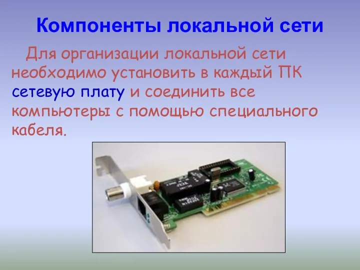 Компоненты локальной сети Для организации локальной сети необходимо установить в каждый ПК