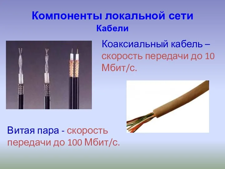 Компоненты локальной сети Кабели Коаксиальный кабель – скорость передачи до 10 Мбит/с.