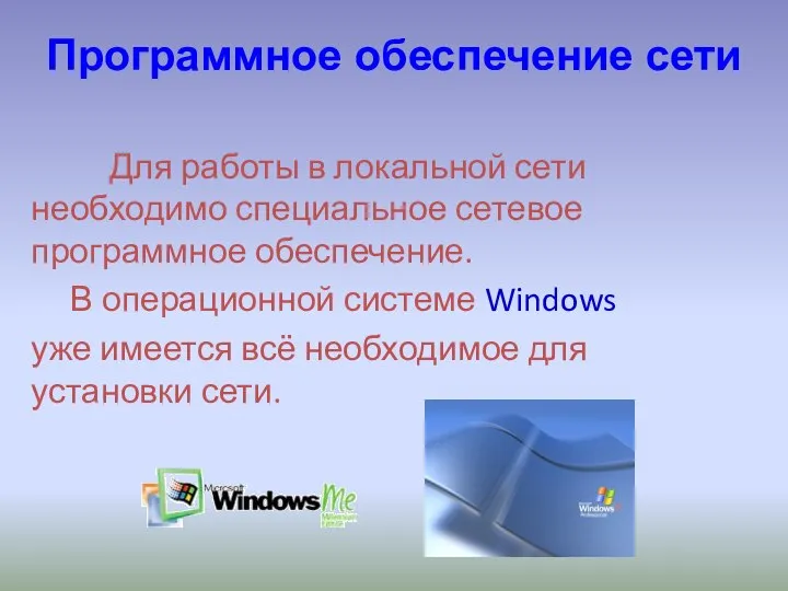 Программное обеспечение сети Для работы в локальной сети необходимо специальное сетевое программное