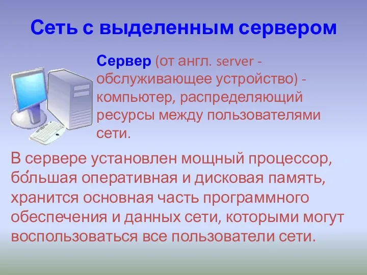 Сеть с выделенным сервером Сервер (от англ. server - обслуживающее устройство) -