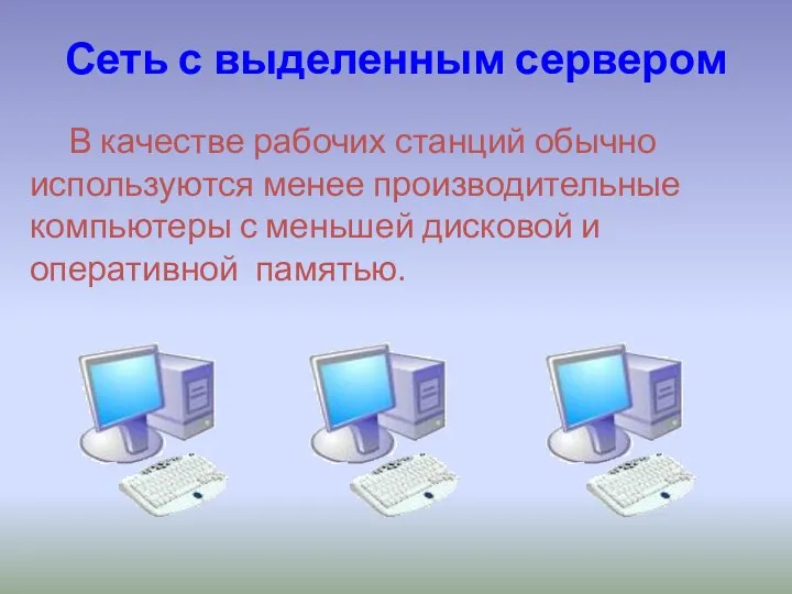 Сеть с выделенным сервером В качестве рабочих станций обычно используются менее производительные