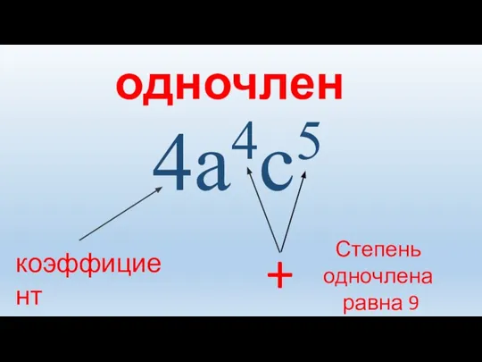 4а4с5 одночлен + Степень одночлена равна 9 коэффициент